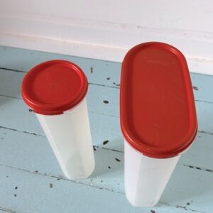 Tupperware 2 Pieces Modular Mates Red Lid Tall Round, Oblong